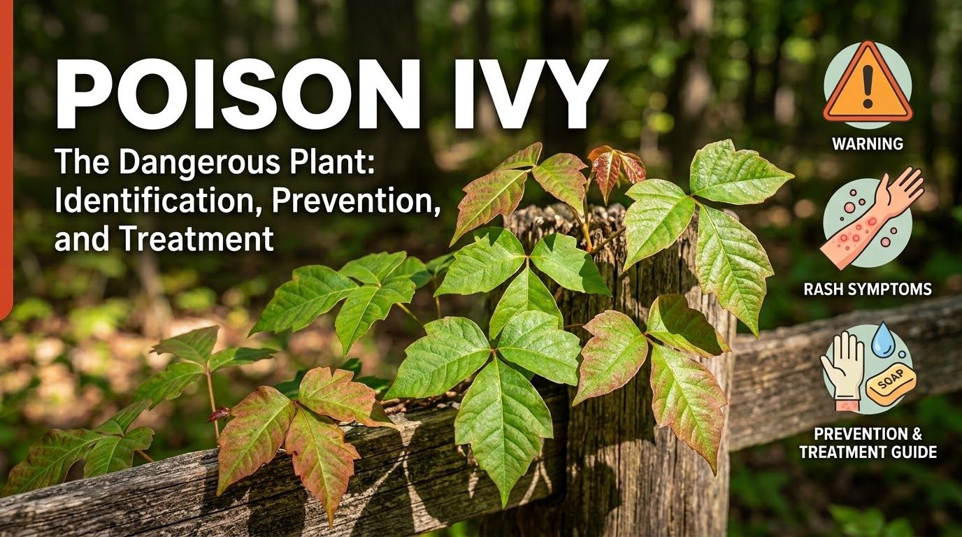 Poison ivy plant with three pointed leaflets growing along a wooded trail